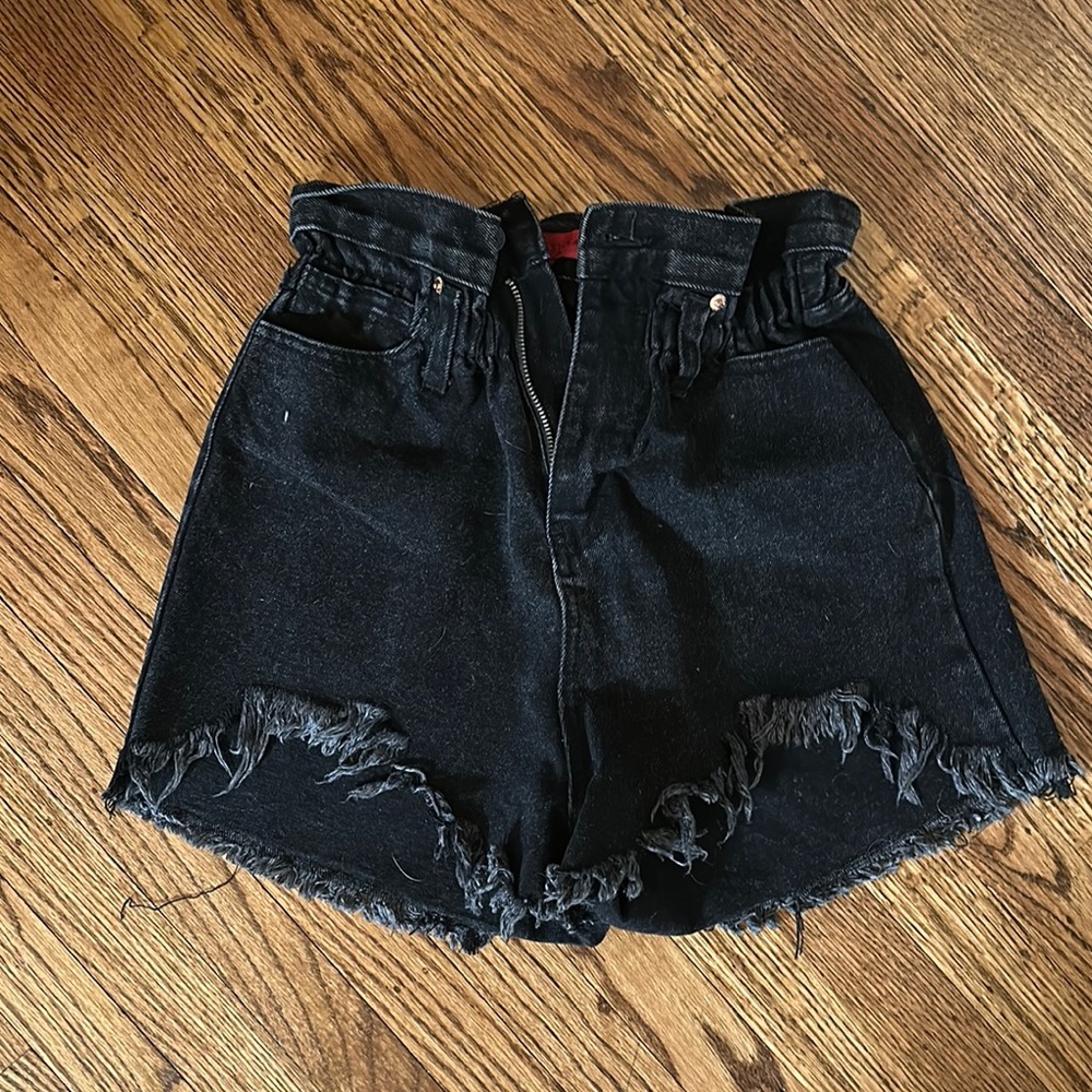 Black Denim High-Waisted Frayed Shorts